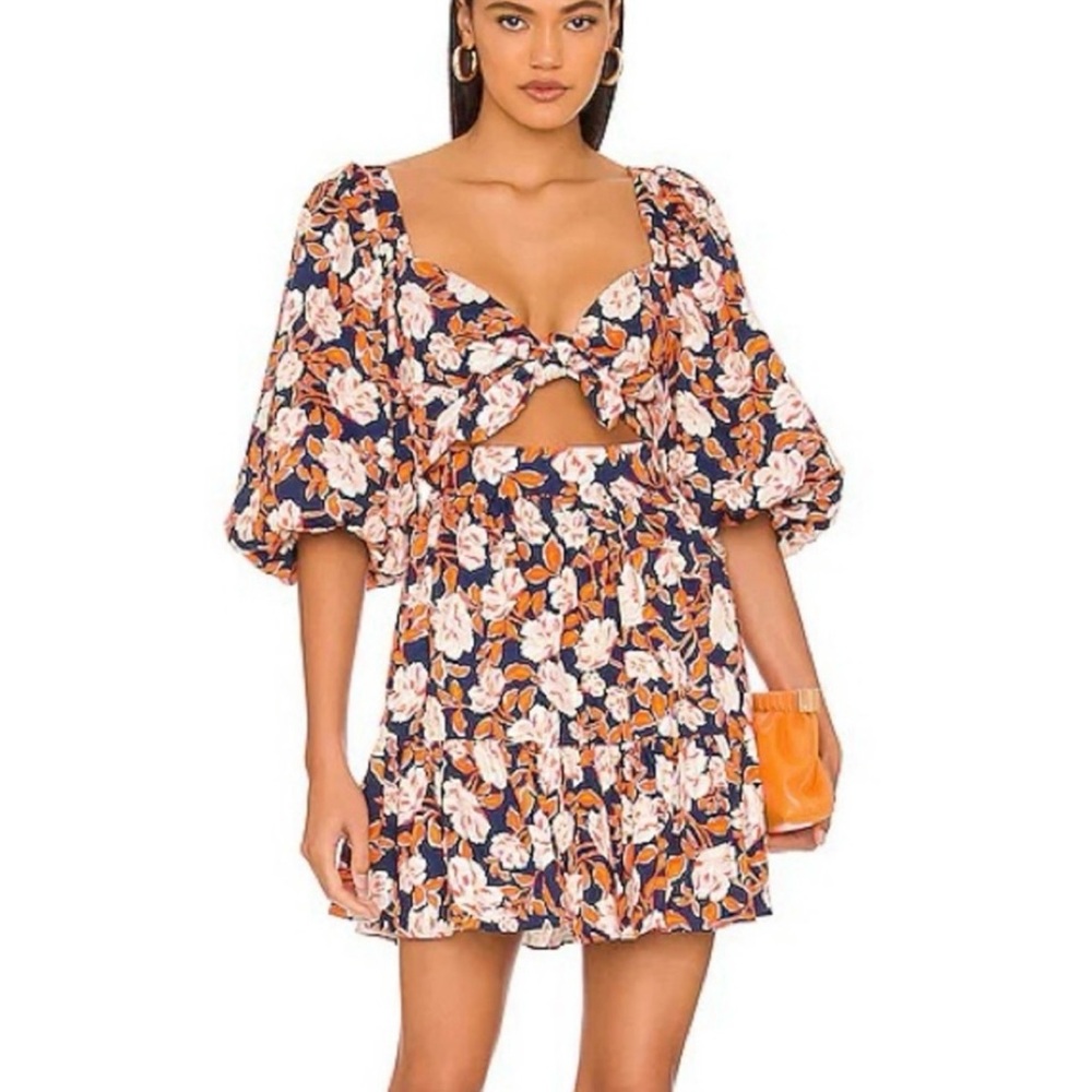 AMUR Orange & White with blue Sweetheart Puff Sleeve Mini Dress